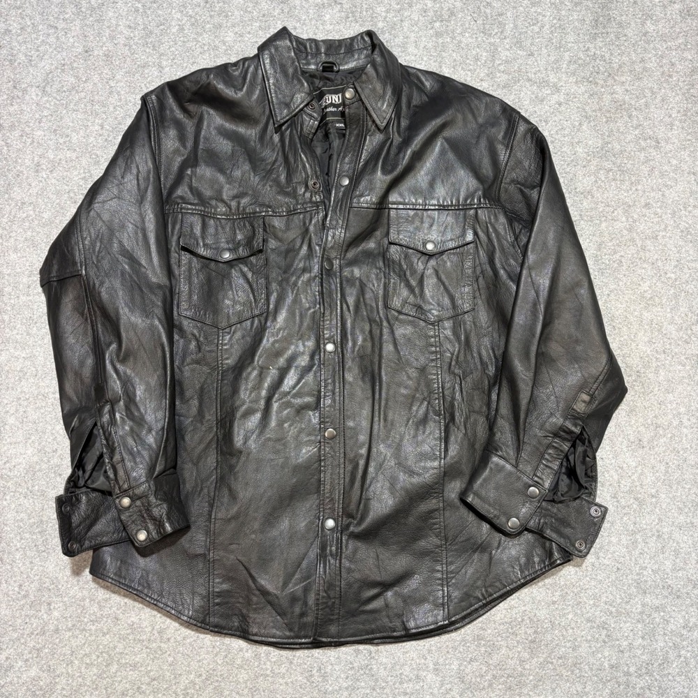 Unik Leather Apparel Mens Black Leather Snap Front Shirt Jacket XXL Biker Vtg